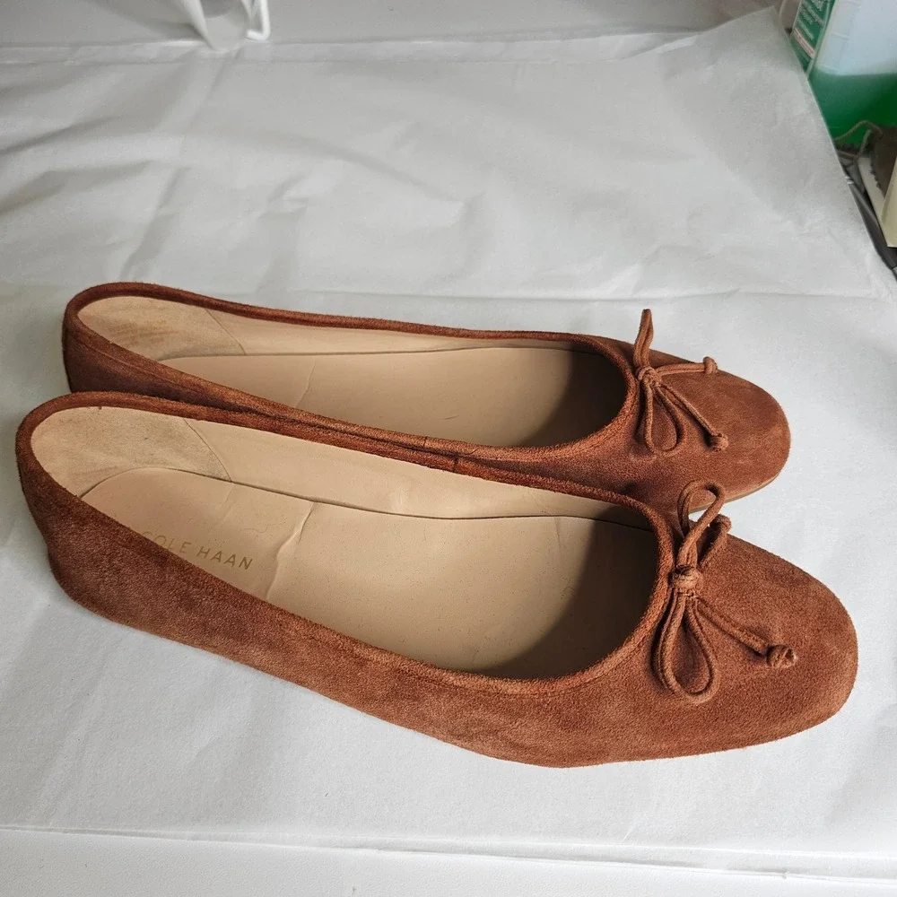 Cole Haan Pecan Brown Suede Ballet Flats Bow Round Toe Womens 10.5